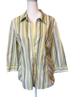Old Navy Y2K Vintage Green Striped Tapered Button Down 3/4 Sleeve Women’s